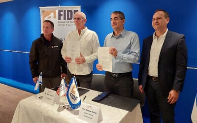 From left: FIDF national director Nadav Padan, FIDF chairperson Morey Levovitz, Sheba Medical Center director-general Prof. Yitshak Kreiss, and Itamar Graff of the Defense Ministry at ceremony announcing a major FIDF donation to Sheba to expand its mental healthcare capacity by 50%, including at Beit Halochem locations. February 1, 2024. (Courtesy of Sheba Medical Center)