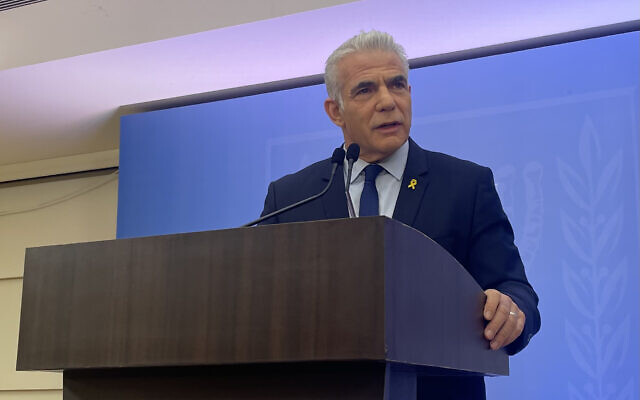 Opposition Leader Yair Lapid speaks in Tel Aviv, February 13, 2024. (Sam Sokol/Times of Israel)