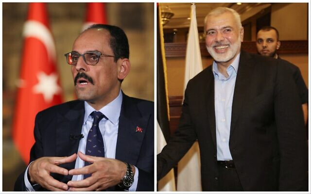 Turkey's National Intelligence Agency (MIT) chief Ibrahim Kalin (L) and Hamas leader Ismail Haniyeh. (Collage/AP) Turkey's National Intelligence Agency (MIT) chief Ibrahim Kalin (L) and Hamas leader Ismail Haniyeh. (Collage/AP)