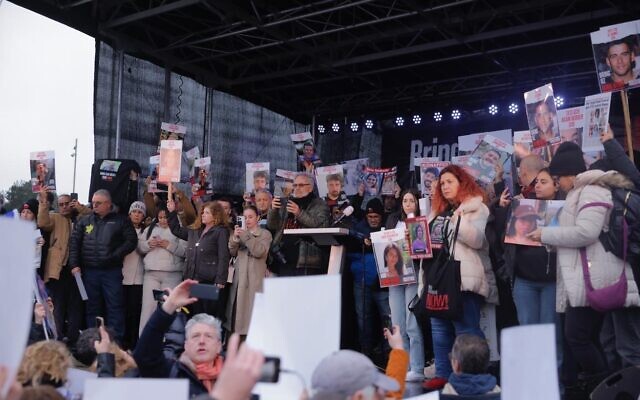 Families of hostages hold a rally in the Hague on February 14, 2024. (Eyal Radoshitzky/Hostages Families Forum) Families of hostages hold a rally in the Hague on February 14, 2024. (Eyal Radoshitzky/Hostages Families Forum)