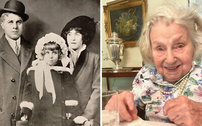 Pearl Berg at 3-years-old with her parents Archiebald and Anna (Gerson) Synenberg in 1913; at right, Berg in recent years. (Gerontology Research Institute, Gerry Teitelbaum/Judy Taback)