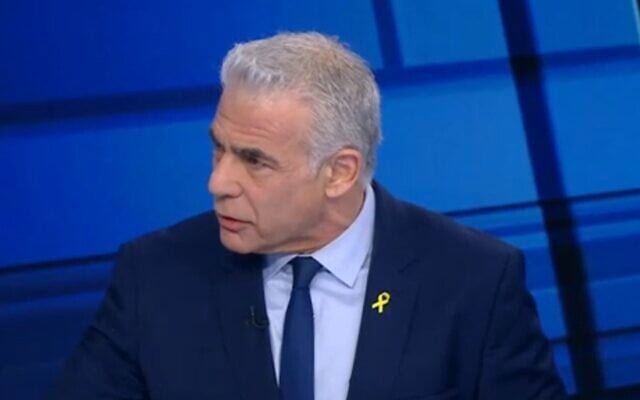 Yesh Atid leader Yair Lapid speaks to Channel 12, February 17, 2024. (Screenshot; used in accordance with clause 27a of the copyright law) Yesh Atid leader Yair Lapid speaks to Channel 12, February 17, 2024. (Screenshot; used in accordance with clause 27a of the copyright law)
