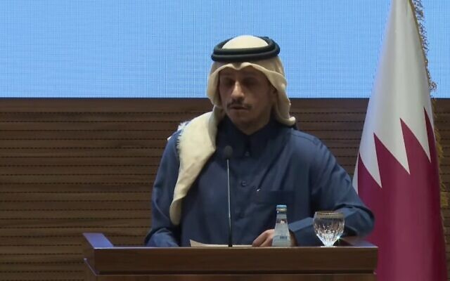Qatari Prime Minister Mohammed bin Abdulrahman bin Jassim Al Thani speaks at a press conference in Doha with US Secretary of State Antony Blinken on February 6, 2024. (Screen capture/YouTube) Qatari Prime Minister Mohammed bin Abdulrahman bin Jassim Al Thani speaks at a press conference in Doha with US Secretary of State Antony Blinken on February 6, 2024. (Screen capture/YouTube)