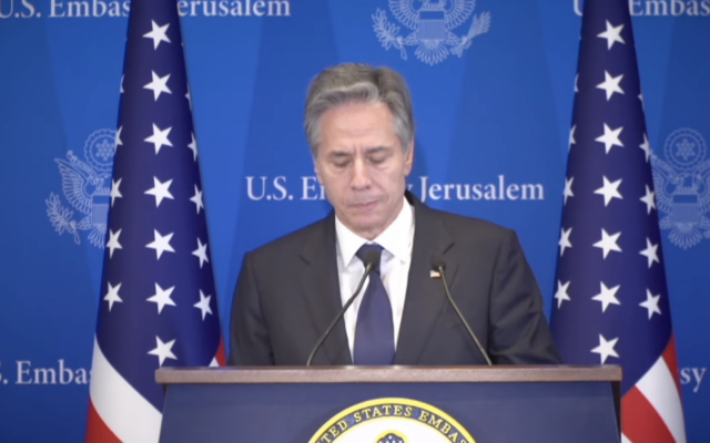 US Secretary of State Antony Blinken speaks at a press conference in Tel Aviv, February 7, 2024. (Screenshot) US Secretary of State Antony Blinken speaks at a press conference in Tel Aviv, February 7, 2024. (Screenshot)
