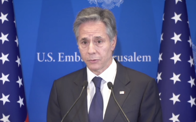US Secretary of State Antony Blinken speaks at a press conference in Tel Aviv, February 7, 2024. (Screenshot)