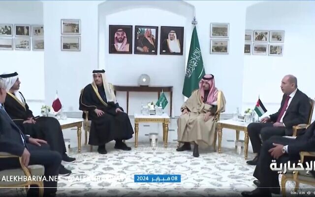 Ministers from the Palestinian Authority, the UAE, Qatar, Saudi Arabia, Jordan and Egypt hold a meeting on the Gaza war in Riyadh on February 8, 2024. (Screen capture/X) Ministers from the Palestinian Authority, the UAE, Qatar, Saudi Arabia, Jordan and Egypt hold a meeting on the Gaza war in Riyadh on February 8, 2024. (Screen capture/X)