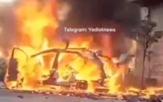 The scene of a strike on a vehicle in the city of Nabatieh in southern Lebanon on February 8, 2024. (Screen capture/X) The scene of a strike on a vehicle in the city of Nabatieh in southern Lebanon on February 8, 2024. (Screen capture/X)
