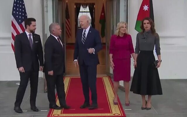 US President Joe Biden greets the royal Jordanian family at the White House on February 12, 2024. (Screen capture/X) US President Joe Biden greets the royal Jordanian family at the White House on February 12, 2024. (Screen capture/X)