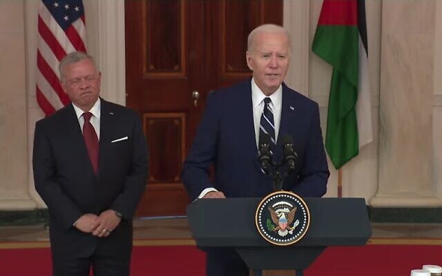 US President Joe Biden speaks at the White House alongside Jordan's King Abdullah on February 12, 2024. (Screen capture/YouTube) US President Joe Biden speaks at the White House alongside Jordan's King Abdullah on February 12, 2024. (Screen capture/YouTube)