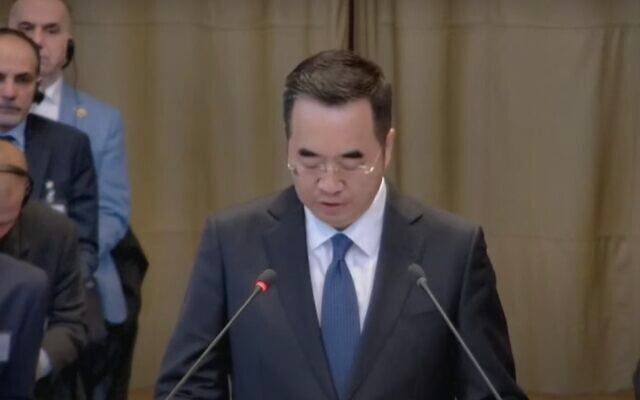 China's Ma Xinmin addresses the International Court of Justice in a case regarding the impact of Israel's activities in the West Bank on Palestinians, February 22, 2024. (Screenshot)