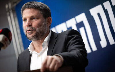 Finance Minister Bezalel Smotrich leads a Religious Zionist party faction meeting at the Knesset in Jerusalem, February 12, 2024. (Yonatan Sindel/Flash90)