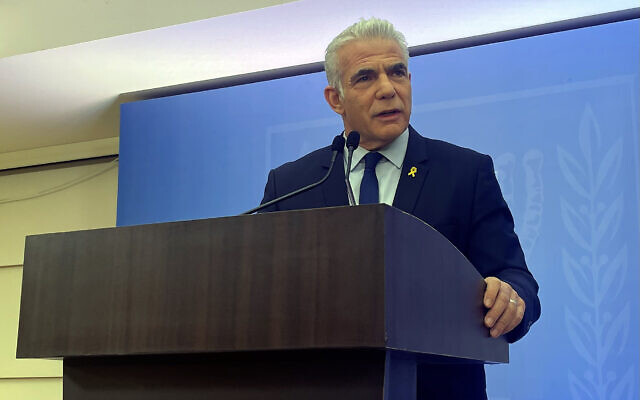 Opposition Leader Yair Lapid at a press conference in Tel Aviv, February 13, 2024. (Sam Sokol)