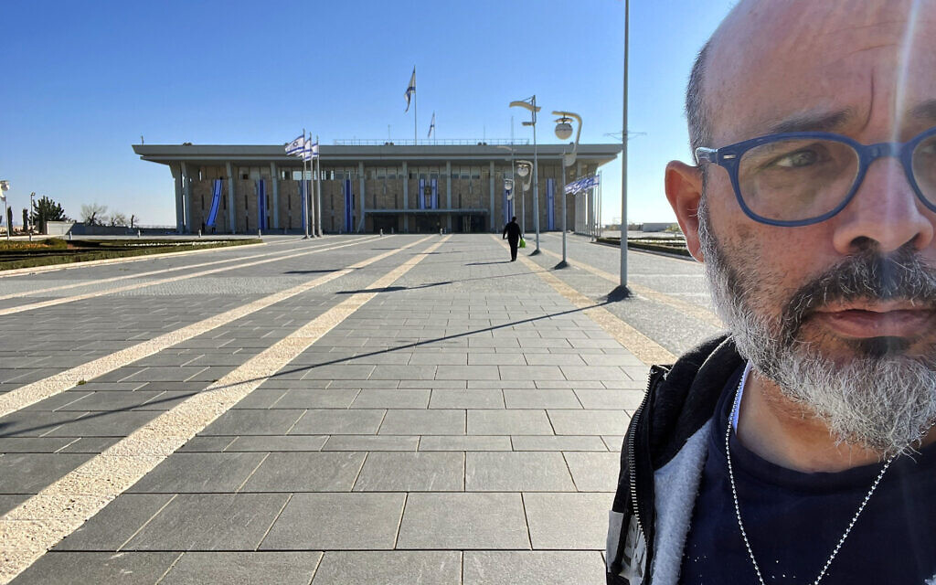 TV writer Hen Avigdori at the Knesset on February 26, 2024 (Courtesy)