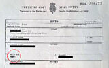 Jewish UK parents receive child's birth certificate torn, with 'Israel' scribbled out as the father's birthplace, February 20, 2024 (Screenshot/X; ; Used in accordance with Clause 27a of the Copyright Law)