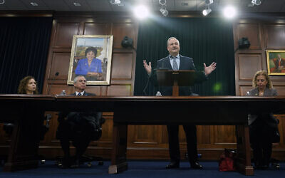 Second gentleman Doug Emhoff, center, speaks during an event on Capitol Hill in Washington, February 14, 2024, to raise awareness of the sexual and gender-based violence Hamas perpetrated against women and children in Israel on and since October 7. (AP Photo/Susan Walsh)