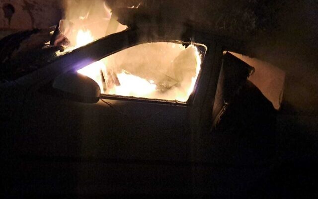 Cars set alight in the Palestinian village of Burqa in the northern West Bank on February 19, 2024. (Courtesy Burqa Municipality) Cars set alight in the Palestinian village of Burqa in the northern West Bank on February 19, 2024. (Courtesy Burqa Municipality)