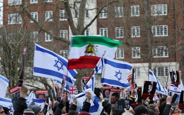 People attend an anti-terror rally in London, UK organized by the 7/10 Human Chain Project, February 25, 2024. (Times of Israel) People attend an anti-terror rally in London, UK organized by the 7/10 Human Chain Project, February 25, 2024. (Times of Israel)
