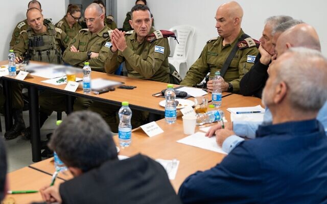 IDF Chief of Staff Lt. Gen. Herzi Halevi (center) and senior IDF officials meet mayors in northern Israel, February 14, 2024. (Israel Defense Forces)