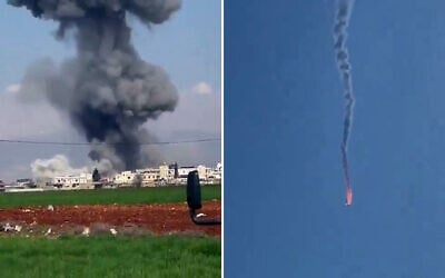 An Israeli airstrike is seen near Baalbek in northeast Lebanon (left) after a IDF Hermes 450 drone was shot down by a Hezbollah missile (right) over southern Lebanon, February 26, 2024. (Screenshot: X)