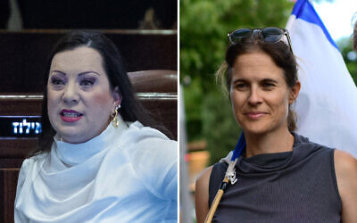 Left: MK Tali Gottlieb at the Knesset, January 29, 2024. (Yonatan Sindel/Flash90); Right: Shikma Bressler meets social activists at Dizengoff Square, Tel Aviv, October 3, 2023. (Tomer Neuberg/Flash90)