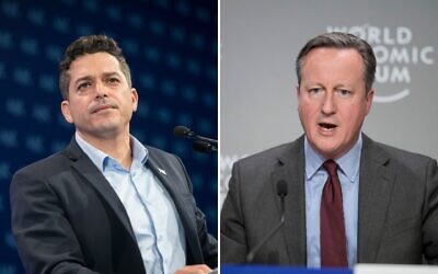 A composite image of Diaspora Affairs Minister Amichai Chikli, left, and UK Foreign Secretary David Cameron, right. (Flash90/Miriam Alster and AP/Markus Schreiber)