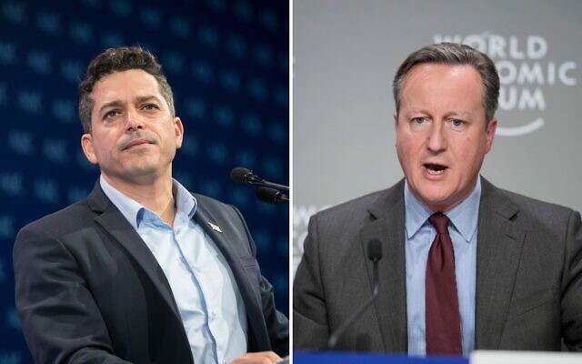 A composite image of Diaspora Affairs Minister Amichai Chikli, left, and UK Foreign Secretary David Cameron, right. (Flash90/Miriam Alster and AP/Markus Schreiber) A composite image of Diaspora Affairs Minister Amichai Chikli, left, and UK Foreign Secretary David Cameron, right. (Flash90/Miriam Alster and AP/Markus Schreiber)