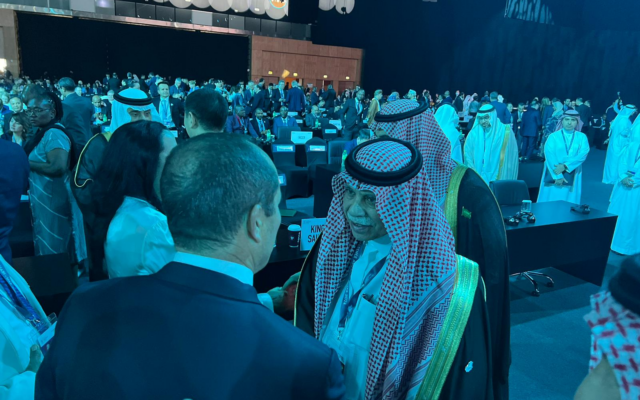 Economy Minister Nir Barkat (left) meets with Saudi Commerce Minister Majid bin Abdullah Al-Qasabi at the WTO conference in Abu Dhabi, February 26, 2024. (Courtesy Economy Ministry) Economy Minister Nir Barkat (left) meets with Saudi Commerce Minister Majid bin Abdullah Al-Qasabi at the WTO conference in Abu Dhabi, February 26, 2024. (Courtesy Economy Ministry)