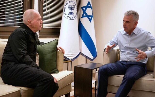 Defense Minister Yoav Gallant meets Mossad director David Barnea, February 6, 2024 (Shahar Yorman/Defense Ministry) Defense Minister Yoav Gallant meets Mossad director David Barnea, February 6, 2024 (Shahar Yorman/Defense Ministry)