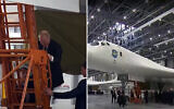 Russian President Vladimir Putin climbs down from a modernized Tu-160M nuclear-capable strategic bomber, in Kazan, Russia, February 22, 2024. (YouTube screengrab: used in accordance with Clause 27a of the Copyright Law)