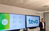 Teva Pharmaceutical Industries CEO Richard Francis speaks at a press briefing in Tel Aviv, Feb. 20, 2024. (Courtesy)