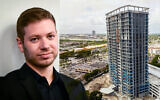 Left: Yair Netanyahu arrives for a court hearing in Tel Aviv,  November 29, 2022. (Avshalom Sassoni/Flash90); Right: The Hallandale Beach luxury apartment tower (Felix Mizioznikov/Shutterstock.com)