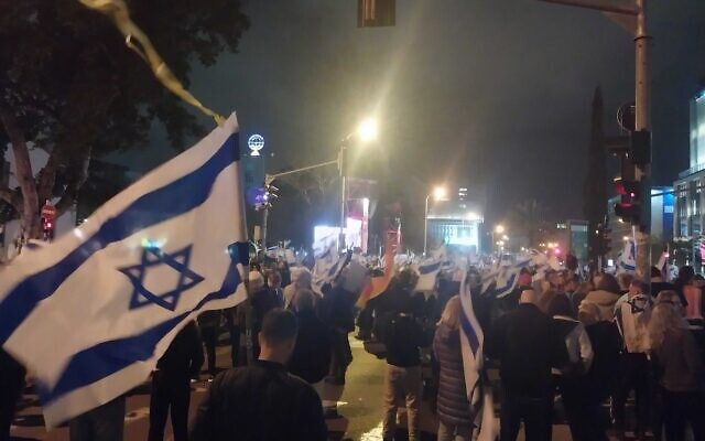 Anti-government demonstrators gather outside the Kirya in Tel Aviv on March 2, 2024. (Iddo Schejter/ Times of Israel)