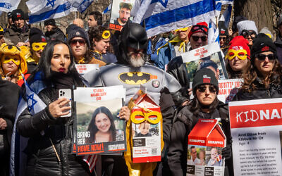 A Purim rally demanding the release of Hamas hostages in Central Park, March 24, 2024. (Luke Tress / JTA)