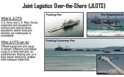 The US Defense Department's Joint Logistics Over-the-Shore (JLOTS) capability, as planned for Gaza. The department said on March 8, 2024, that components of the JLOTS include a floating pier, an approximately 1,800-foot-long causeway that will be attached to the shore, and a group of logistic support vessels and barges that will transport the aid from the pier to the causeway. (US Department of Defense)