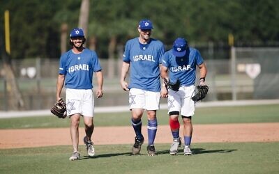 Ryan Lavarnway, center and two others who played for Team Israel in the 2023 World Baseball Classic. (Courtesy via JTA)