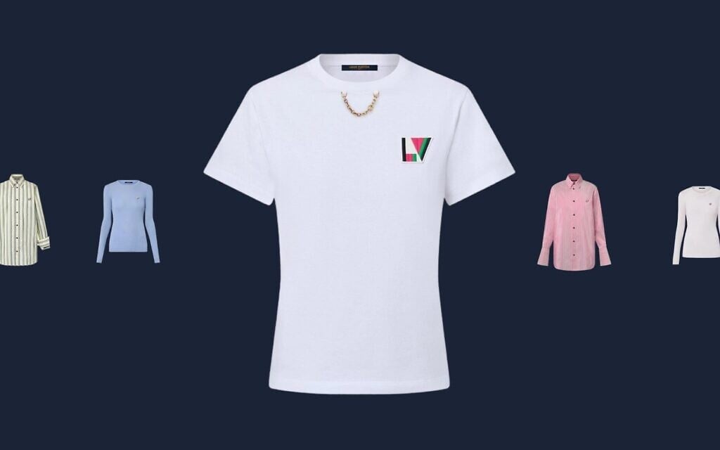 The LV logo patch is on multiple spring/summer 2024 womenswear items from French fashion house Louis Vuitton.(Screenshots via LouisVuitton.com. Design by Jackie Hajdenberg/ JTA) The LV logo patch is on multiple spring/summer 2024 womenswear items from French fashion house Louis Vuitton.(Screenshots via LouisVuitton.com. Design by Jackie Hajdenberg/ JTA)