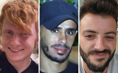 From left to right: Hostages Yotam Haim, Samar Talalka and Alon Lulu Shamriz, who were killed mistakenly by IDF troops in Gaza on December 15, 2023. (Courtesy)