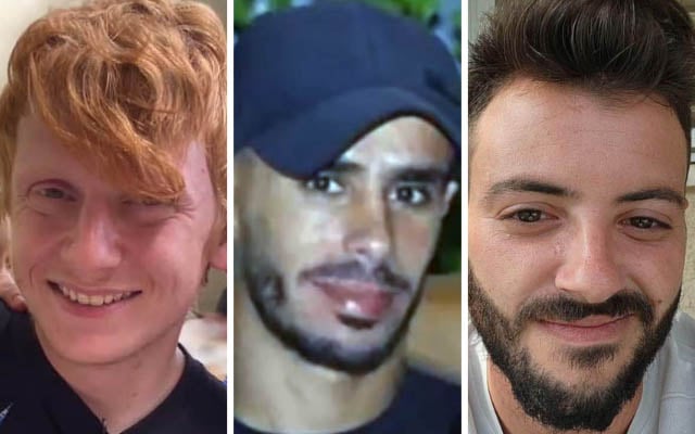 (From L-R) Hostages Yotam Haim, Samar Talalka and Alon Lulu Shamriz, who were killed mistakenly by IDF troops in Gaza on December 15, 2023. (Courtesy) (From L-R) Hostages Yotam Haim, Samar Talalka and Alon Lulu Shamriz, who were killed mistakenly by IDF troops in Gaza on December 15, 2023. (Courtesy)