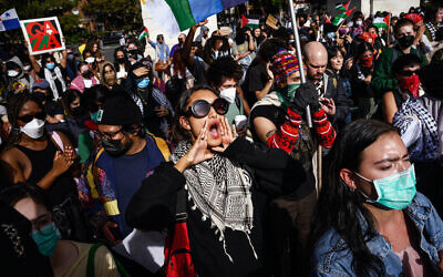 NYU students participate in a anti-Israeli protest led by the 'Students for Justice in Palestine' at Washington Square Park, New York City, October 25, 2023. (Ed Jones/AFP)