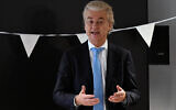 File - Leader of the Party for Freedom (PVV) Geert Wilders delivers a speech at a post-election meeting at the Nieuwspoort conference center, The Hague, November 23, 2023. (John Thys/AFP)