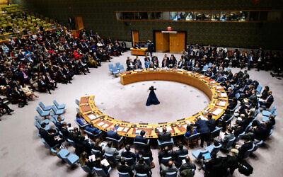 The UN Security Council holds a meeting on the Russia-Ukraine war, at UN Headquarters in New York City on February 23, 2024. (Photo by Charly TRIBALLEAU / AFP)