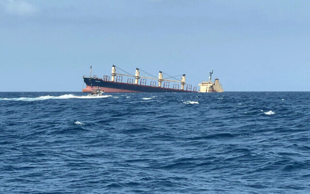 This picture taken on February 27, 2024 shows the Rubymar cargo ship sinking off the coast of Yemen. (AFP) This picture taken on February 27, 2024 shows the Rubymar cargo ship sinking off the coast of Yemen. (AFP)