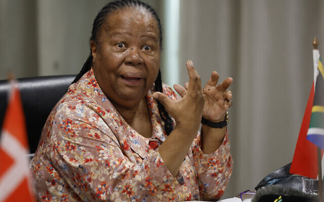 South Africa's Minister of International Relations and Cooperation Naledi Pandor delivers her closing remarks following a meeting with Denmark's Foreign Minister Lars Lokke Rasmussen (not seen) in Pretoria on March 5, 2024. (Phill Magakoe/AFP)