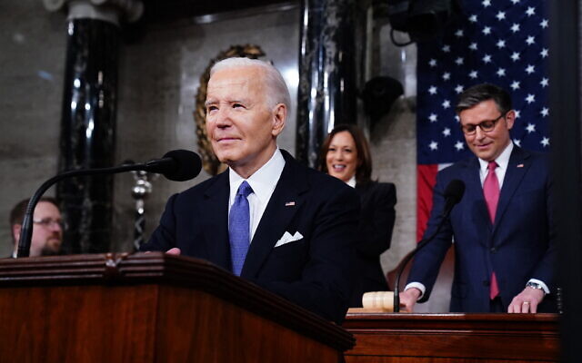 US President Joe Biden delivers the State of the Union address in the House Chamber of the US Capitol in Washington, DC, on March 7, 2024. (SHAWN THEW / POOL / AFP) US President Joe Biden delivers the State of the Union address in the House Chamber of the US Capitol in Washington, DC, on March 7, 2024. (SHAWN THEW / POOL / AFP)