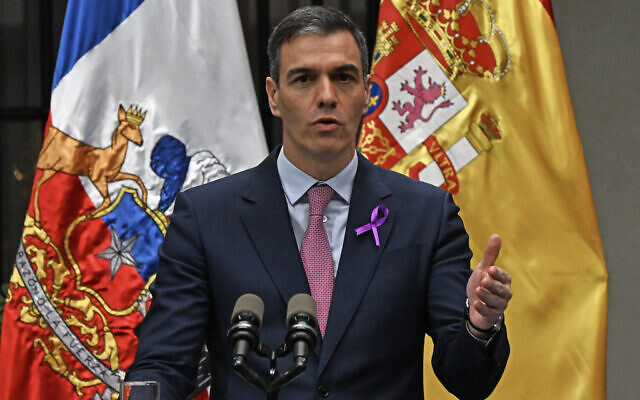Spain's Prime Minister Pedro Sanchez speaks during a press conference at La Moneda presidential palace in Santiago, on March 8, 2024. (Rodrigo Arangua/AFP) Spain's Prime Minister Pedro Sanchez speaks during a press conference at La Moneda presidential palace in Santiago, on March 8, 2024. (Rodrigo Arangua/AFP)