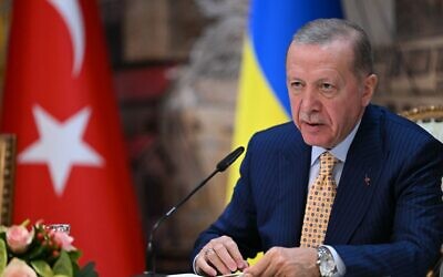 Turkish President Recep Tayyip Erdogan attends a joint press conference with the Ukrainian president at the Dolmabahce Presidential office in Istanbul on March 8, 2024. (Ozan Kose/AFP)