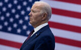 US President Joe Biden looks on before speaking about the costs of living during an address at the YMCA Allard Center March 11, 2024, in Goffstown, New Hampshire. (Brendan Smialowski/AFP)