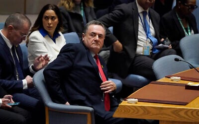 Foreign Minister Israel Katz attends a United Nations Security Council meeting about the conflict in the Middle East at UN headquarters in New York on March 11, 2024. (TIMOTHY A. CLARY / AFP)