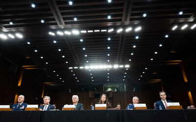 (L-R) Defense Intelligence Agency Director Jeffrey Kruse, FBI Director Christopher Wray, CIA Director William Burns, National Intelligence Director Avril Haines, US Air Force Lieutenant General Timothy Haugh and Assistant Secretary of State for Intelligence and Research Brett Holmgren testify before the US Senate Select Committee on Intelligence on March 11, 2024. (SAUL LOEB / AFP)