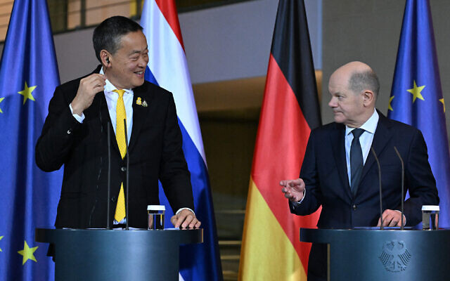 German Chancellor Olaf Scholz (R) and Thailand's Prime Minister Srettha Thavisin address a press conference at the Chancellery in Berlin, on March 13, 2024. (RALF HIRSCHBERGER / AFP) German Chancellor Olaf Scholz (R) and Thailand's Prime Minister Srettha Thavisin address a press conference at the Chancellery in Berlin, on March 13, 2024. (RALF HIRSCHBERGER / AFP)